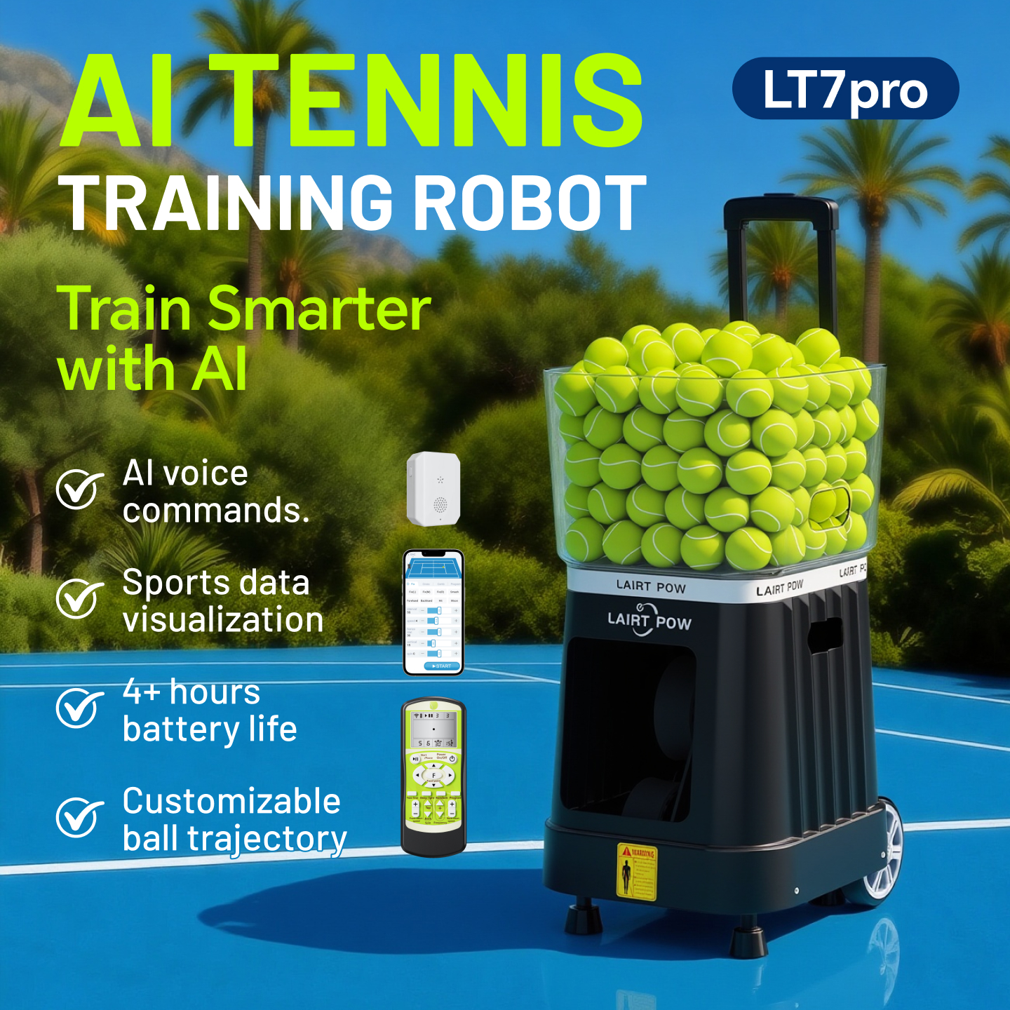 【New】LAIRTPOW LT7Pro Tennis Serving Machine, Smart AI Voice Control Tennis Trainer, 140+ Ball Capacity, 4h-6h Long Battery Life, for Tennis and Paddle Tennis Training