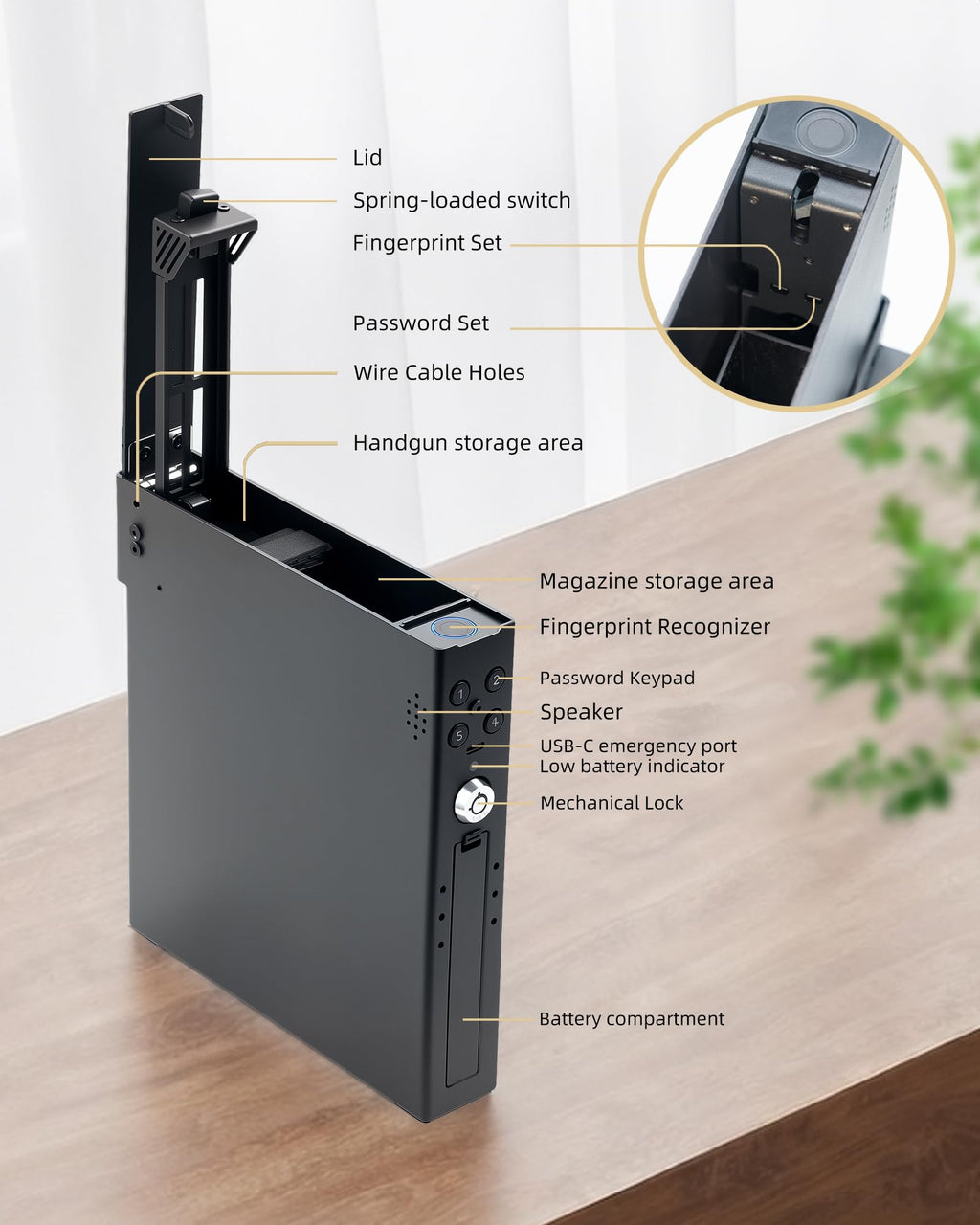 Vehicle Pistol Safe Lock Box with Fingerprint & Keypad & Key, Quick Access Biometric Handgun Safe for Truck, SUV, Auto or Bedside, fits Glock 17, 19, 43 Sig Sauer P320, p365（EA-70）