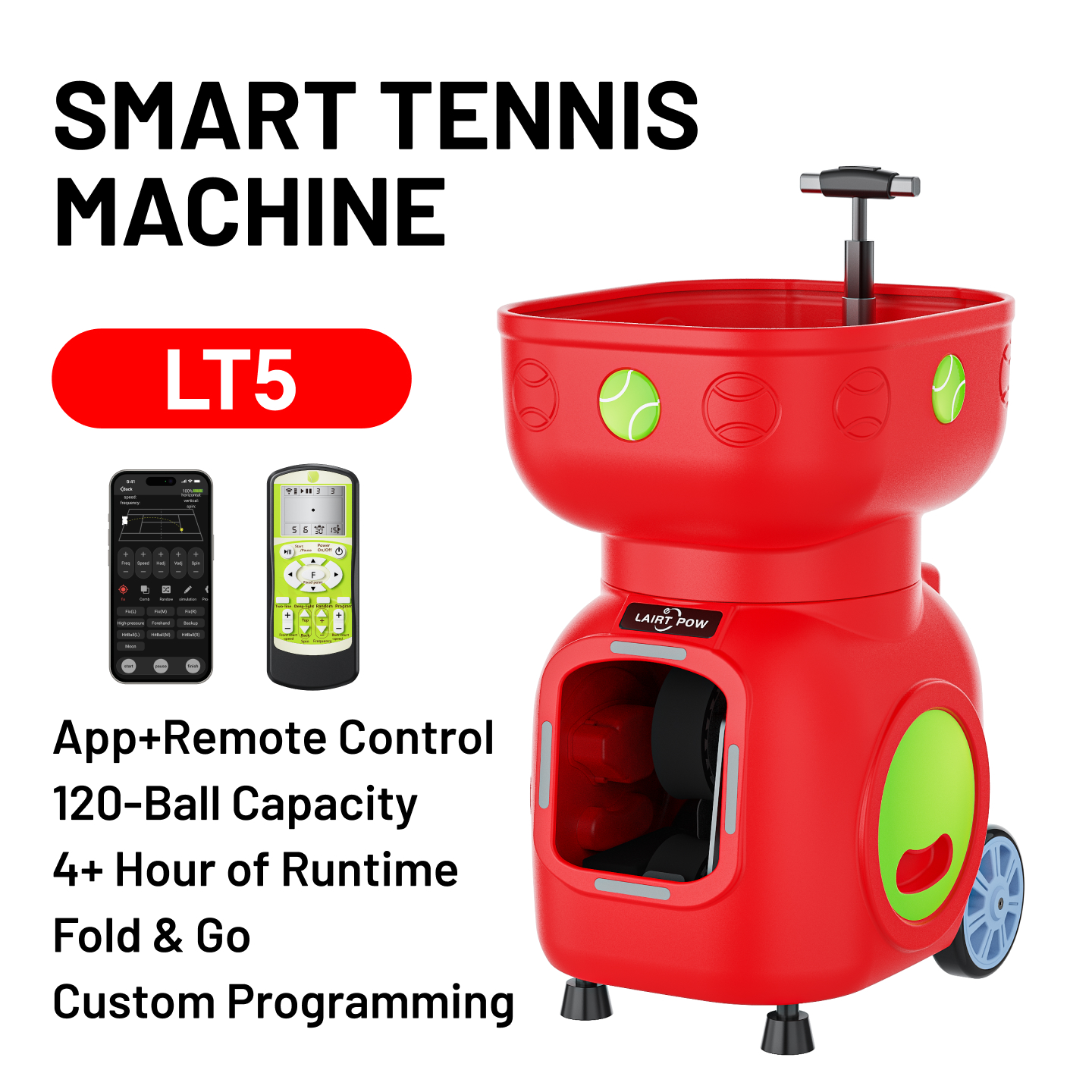 【New】LAIRTPOW LT5 Tennis Serving Machine, 120+ Ball Capacity, 4-6h Long Battery Life, for Tennis and Paddle Tennis Training