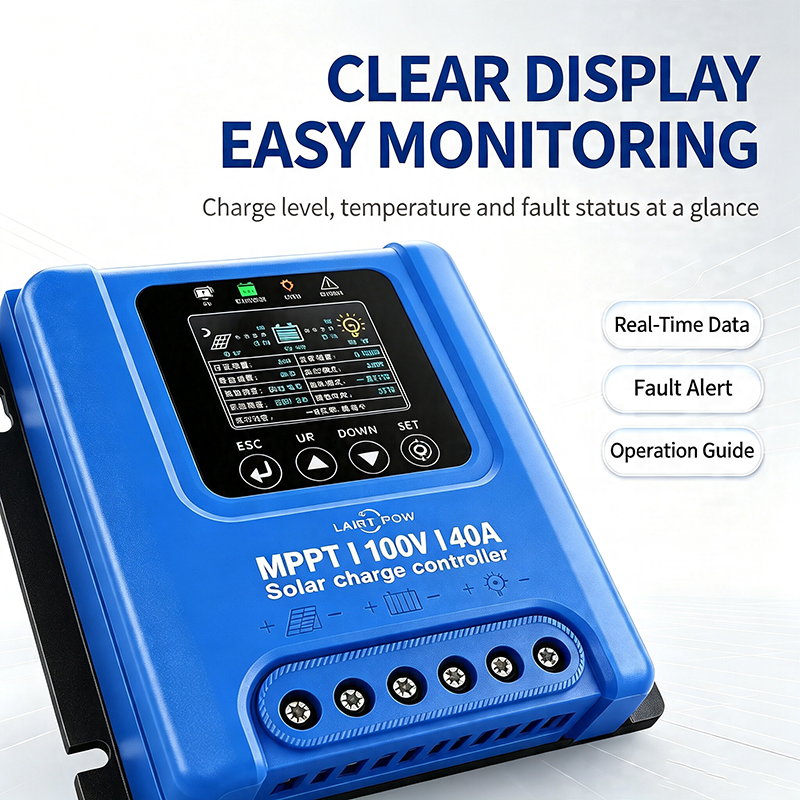 【New】LAIRTPOW JM4024 40A MPPT DC-DC Solar Controller, Silent Operation, 12V/24V Battery System, Can Operate Without Battery, High-definition Display Screen, Language Switchable, Battery/Photovoltaic Reverse Connection Protection, Dual Inductors