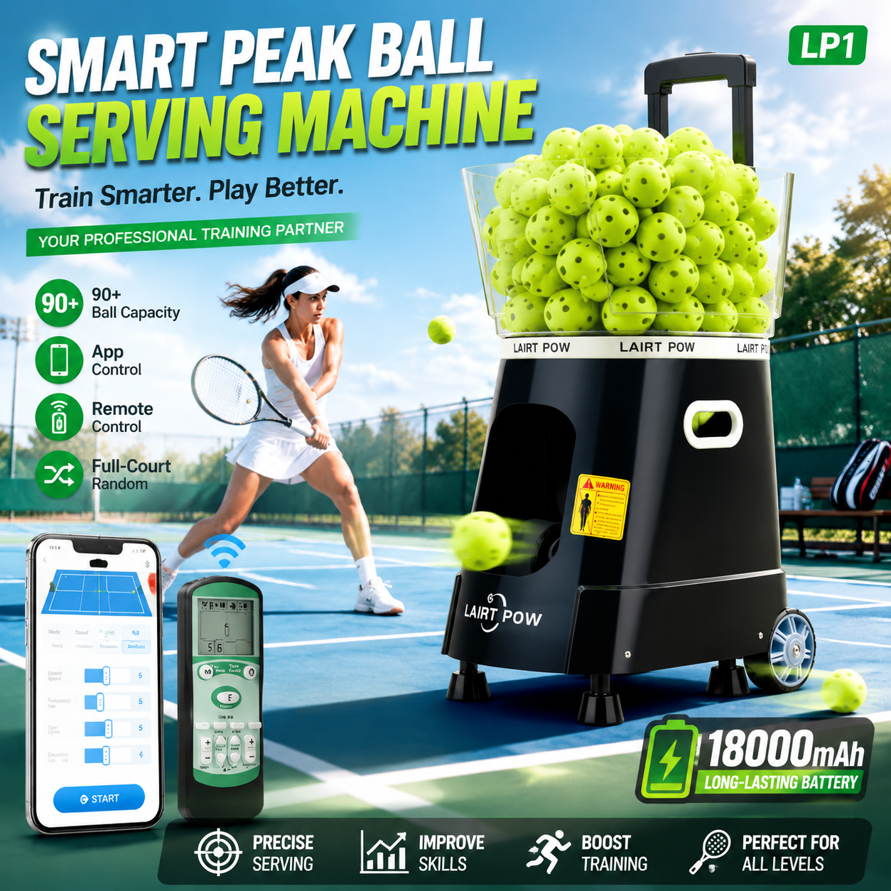 【New】LAIRTPOW LP1 Professional Pickleball Machine, 60+ Ball Capacity, Control via APP & Remote, 60km/h Max, 4-6h Battery Life, Full-court Ball, only for Pickleball Training