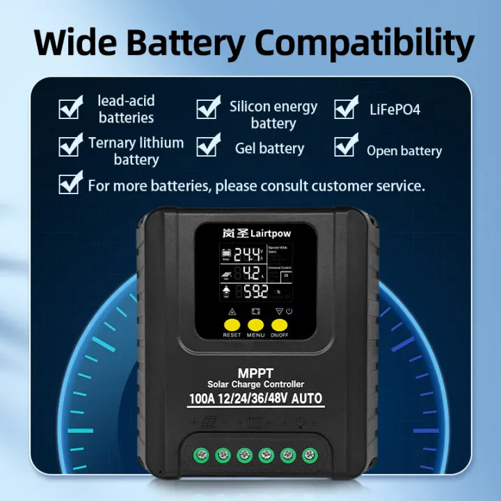 LAIRTPOW 100A 80A 60A MPPT Solar Controller, 12V/24V/36V/48V, Wide Compatibility, 1200W Max, Black