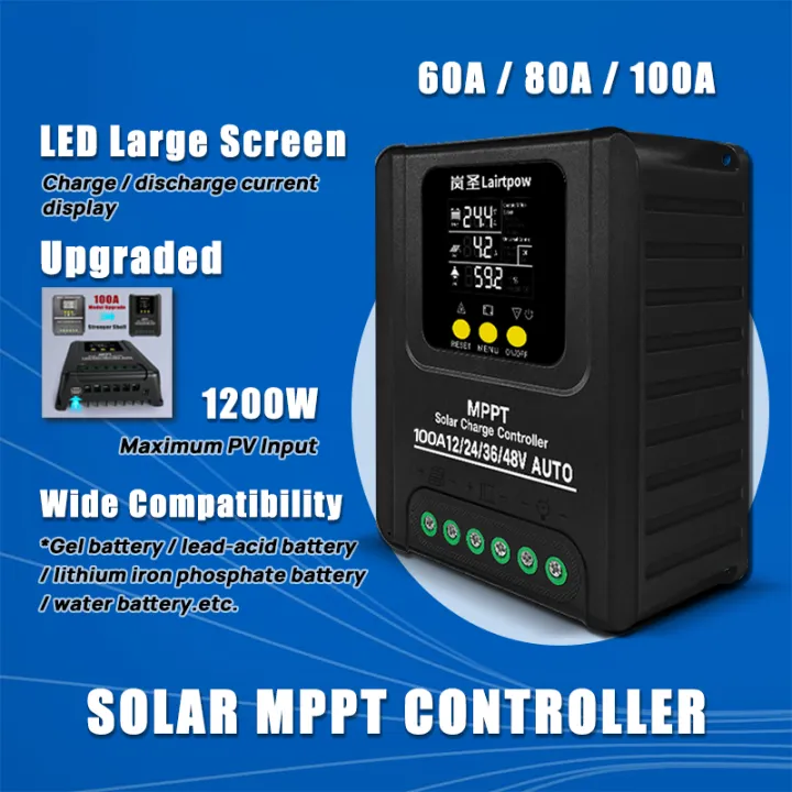 LAIRTPOW 100A 80A 60A MPPT Solar Controller, 12V/24V/36V/48V, Wide Compatibility, 1200W Max, Black