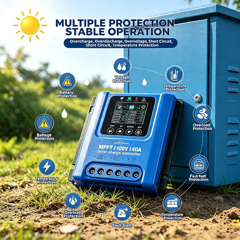 【New】LAIRTPOW JM4024 40A MPPT DC-DC Solar Controller, Silent Operation, 12V/24V Battery System, Can Operate Without Battery, High-definition Display Screen, Language Switchable, Battery/Photovoltaic Reverse Connection Protection, Dual Inductors
