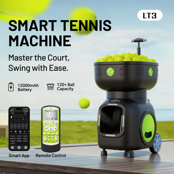 The Lairtpow LT3 Tennis Ball Machine is controlled via app and remote, comes with 120+ balls, and has a built-in 12000mAh battery for playing tennis.