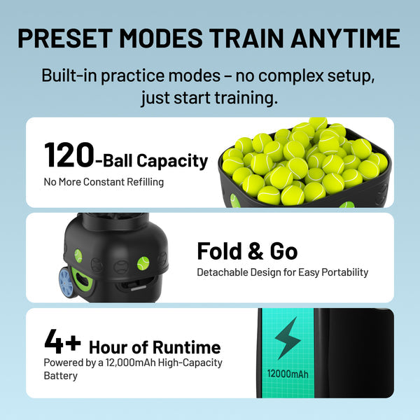 The Lairtpow LT3 Tennis Ball Machine is controlled via app and remote, comes with 120+ balls, and has a built-in 12000mAh battery for playing tennis.