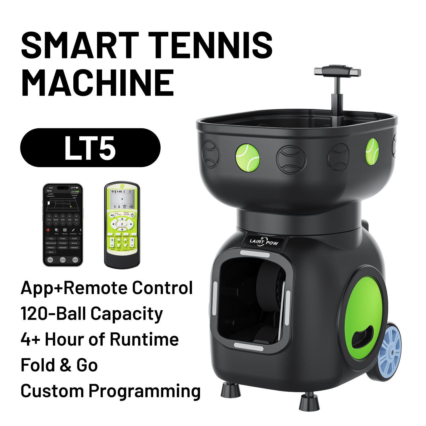 【New】LAIRTPOW LT5 Tennis Serving Machine, 120+ Ball Capacity, 4-6h Long Battery Life, for Tennis and Paddle Tennis Training