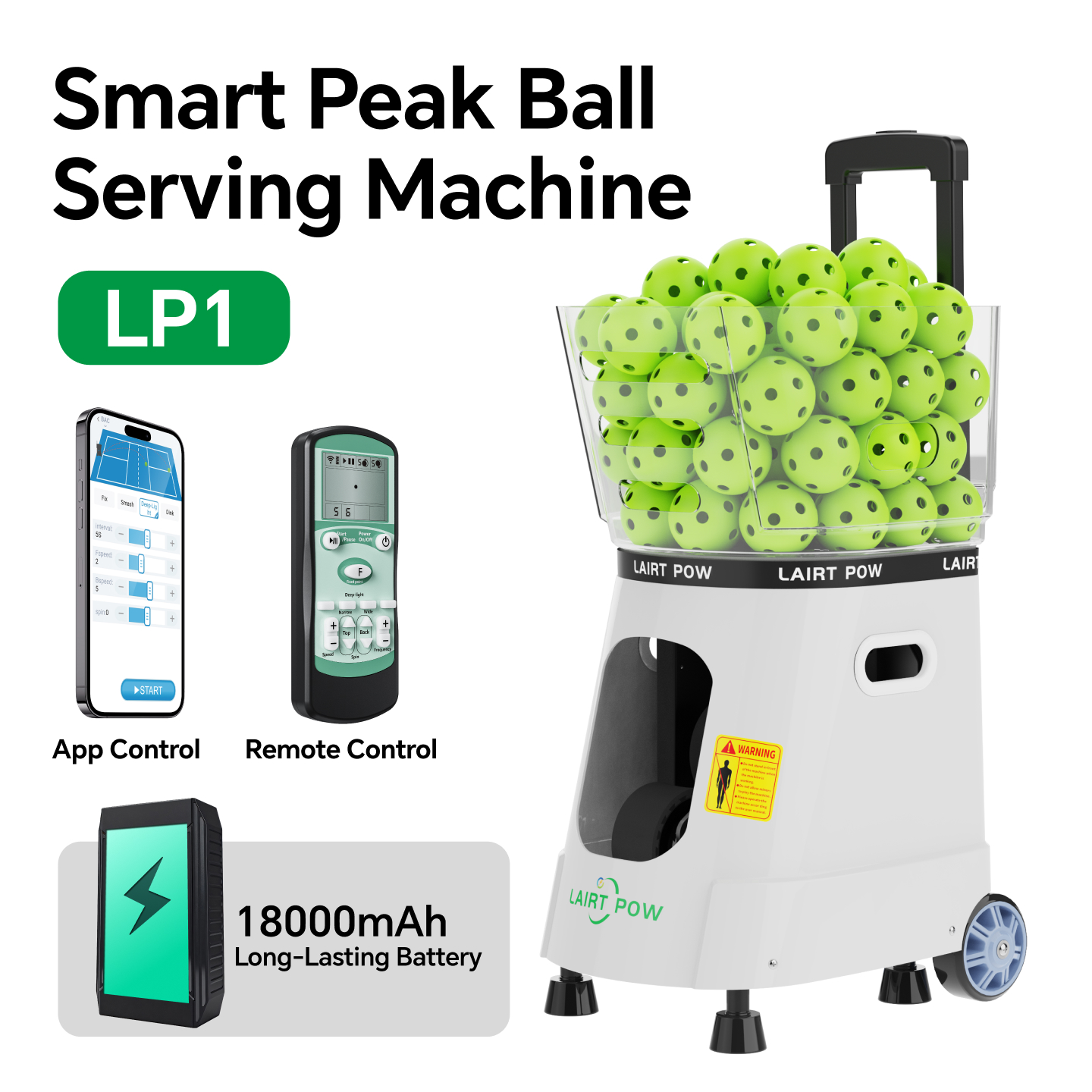 【New】LAIRTPOW LP1 Professional Pickleball Machine, 60+ Ball Capacity, Control via APP & Remote, 60km/h Max, 4-6h Battery Life, Full-court Ball, only for Pickleball Training