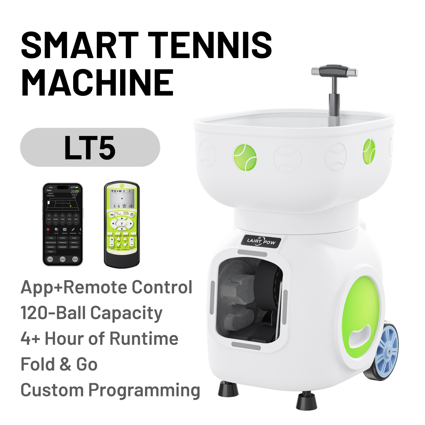 【New】LAIRTPOW LT5 Tennis Serving Machine, 120+ Ball Capacity, 4-6h Long Battery Life, for Tennis and Paddle Tennis Training