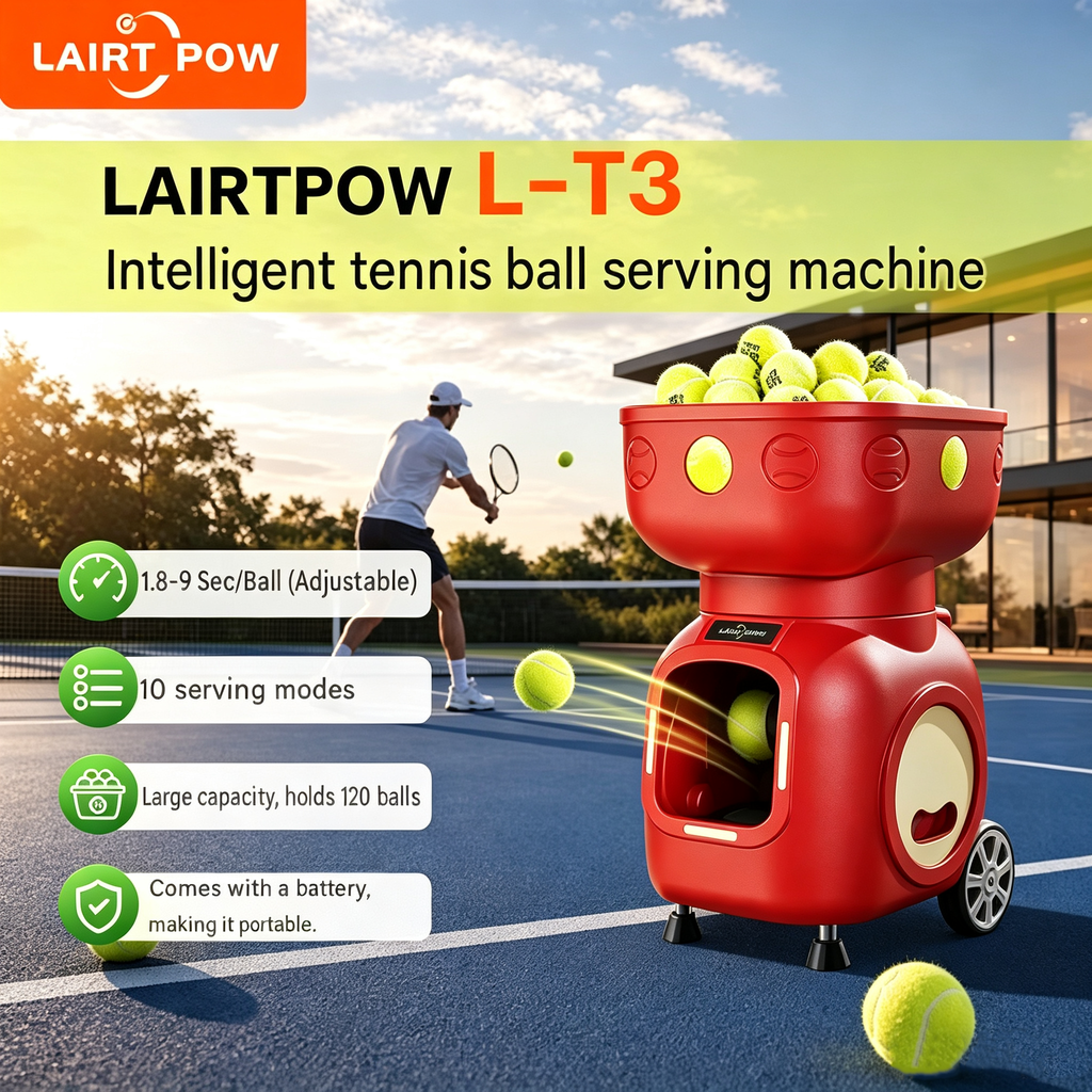 The Lairtpow LT3 Tennis Ball Machine is controlled via app and remote, comes with 120+ balls, and has a built-in 12000mAh battery for playing tennis.