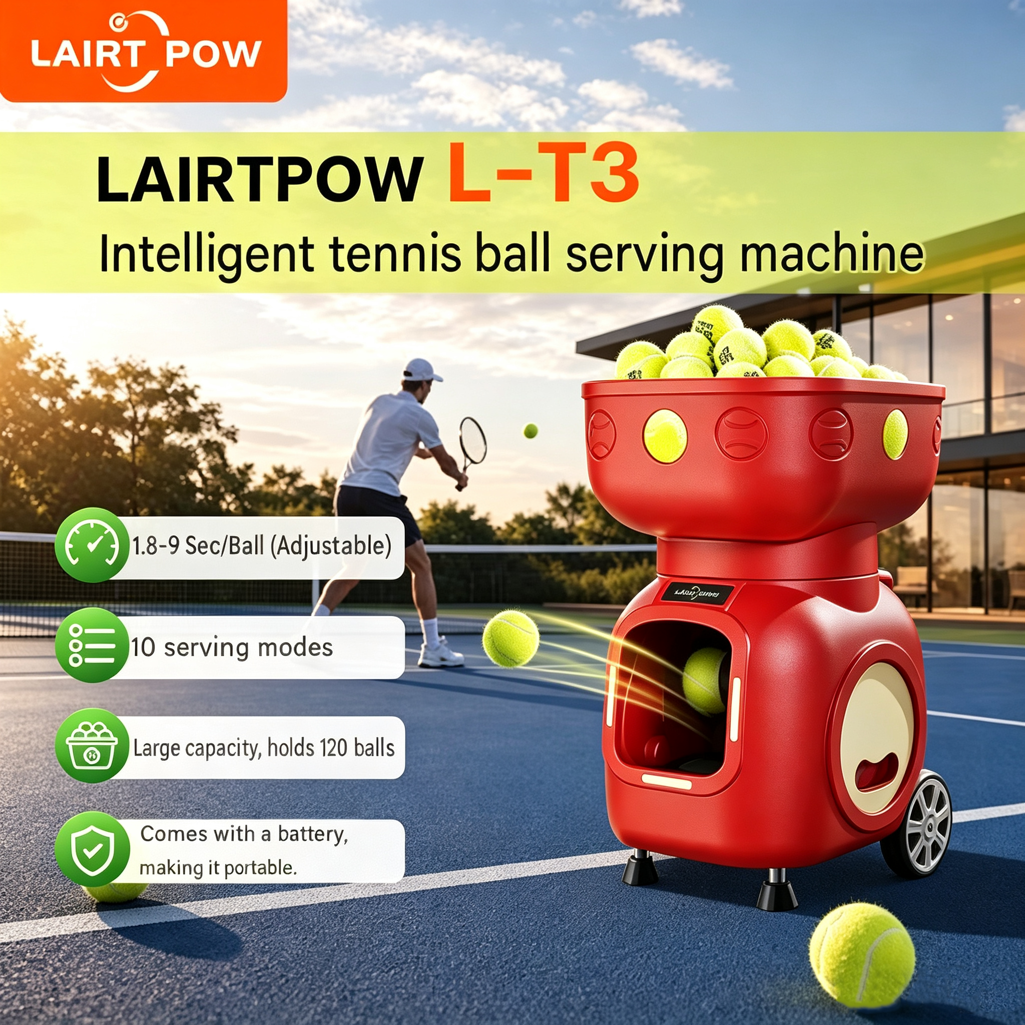 The Lairtpow LT3 Tennis Ball Machine is controlled via app and remote, comes with 120+ balls, and has a built-in 12000mAh battery for playing tennis.
