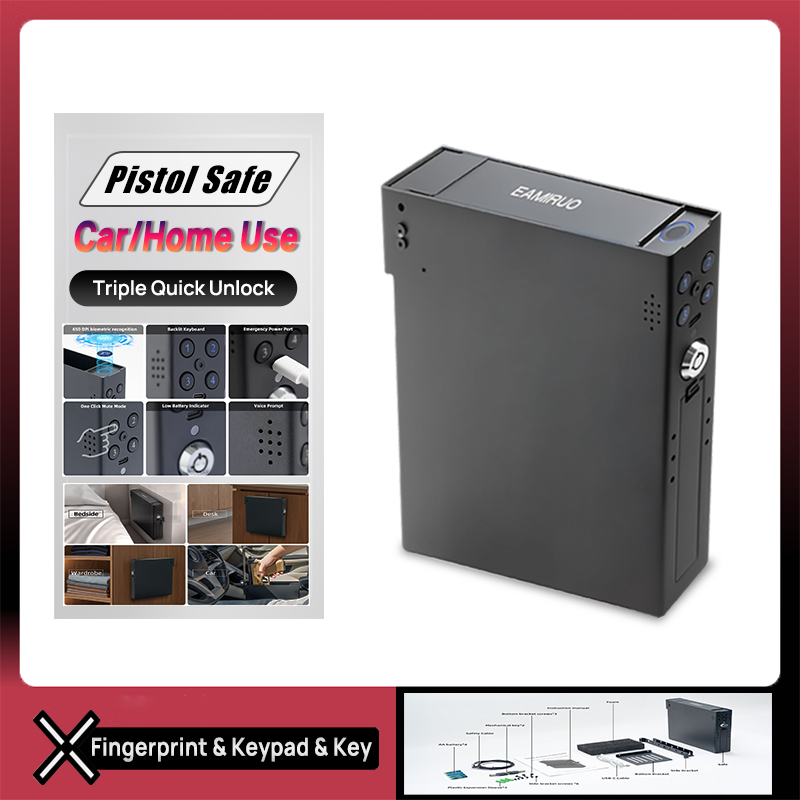 Vehicle Pistol Safe Lock Box with Fingerprint & Keypad & Key, Quick Access Biometric Handgun Safe for Truck, SUV, Auto or Bedside, fits Glock 17, 19, 43 Sig Sauer P320, p365（EA-70）