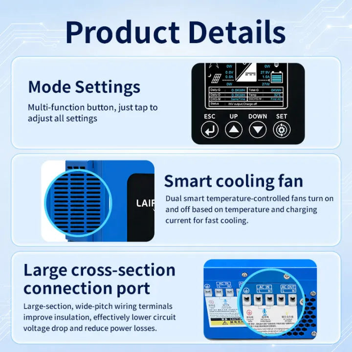 【New】LAIRTPOW 1.6KW 3.2KW 4.5KW 6.2KW Hybrid Solar Inverter Built In 100A MPPT 12V/24V/48V System 220V 60HZ, 60V-450V PV Input, Can Operate with or without Batteries