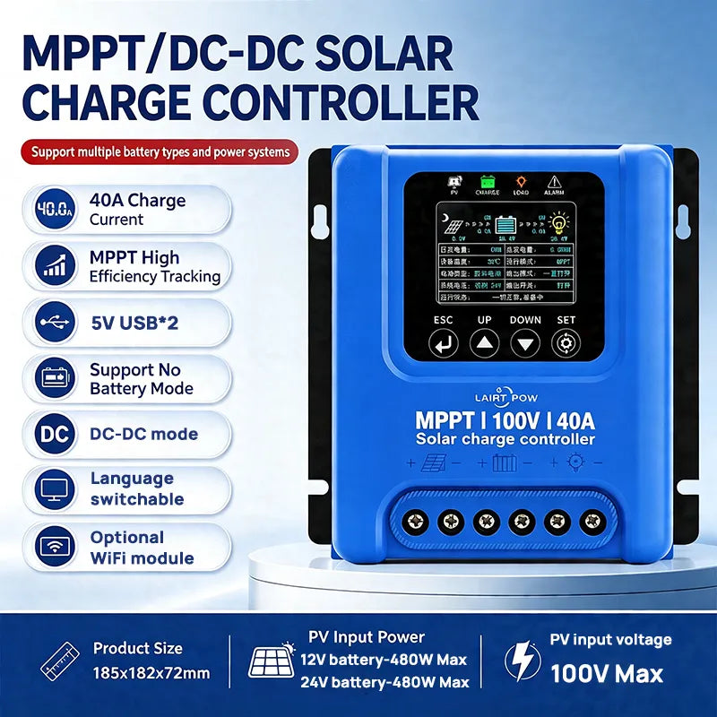 【New】LAIRTPOW JM4024 40A MPPT DC-DC Solar Controller, Silent Operation, 12V/24V Battery System, Can Operate Without Battery, High-definition Display Screen, Language Switchable, Battery/Photovoltaic Reverse Connection Protection, Dual Inductors