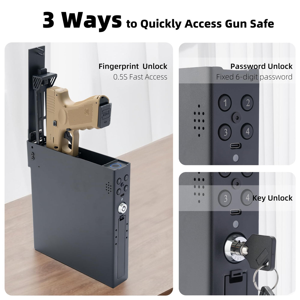 Vehicle Pistol Safe Lock Box with Fingerprint & Keypad & Key, Quick Access Biometric Handgun Safe for Truck, SUV, Auto or Bedside, fits Glock 17, 19, 43 Sig Sauer P320, p365（EA-70）