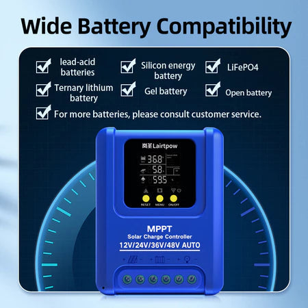LAIRTPOW 100A MPPT Solar Controller, Solar Charger 12V/24V/36V/48V AUTO Wide Battery Compatibility 1200W Max